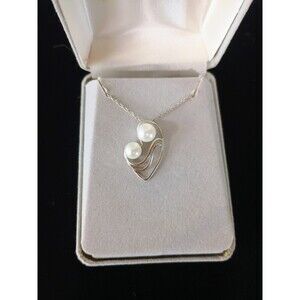 Vintage Necklace Heart Shaped Pendant With Two Faux Pearls 925